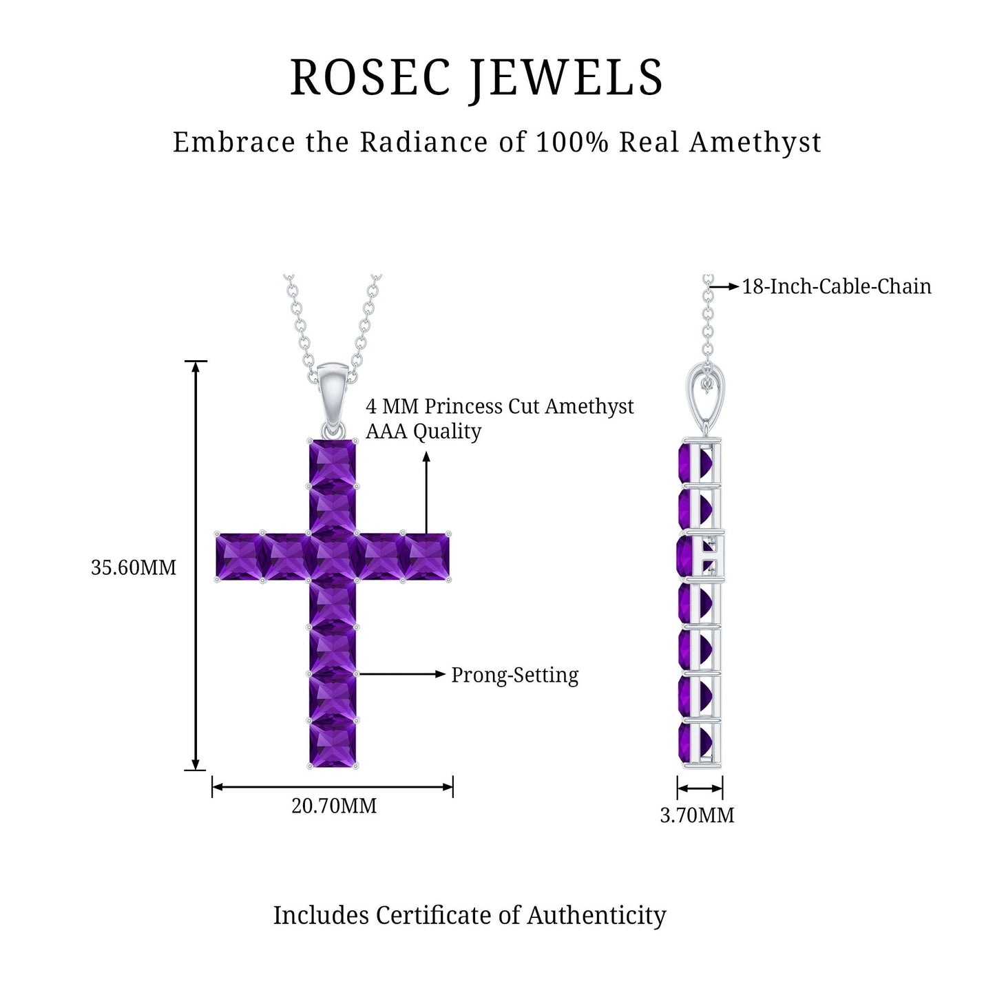 Princess Cut Amethyst Cross Pendant Necklace with Silver Chain