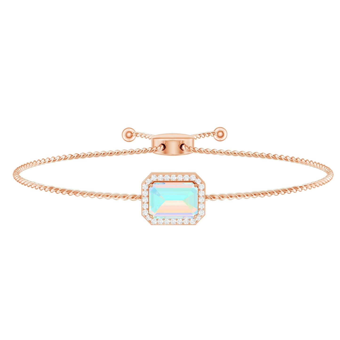 2 Carat Emerald Cut Ethiopian Opal and Diamond Bolo Chain Bracelet