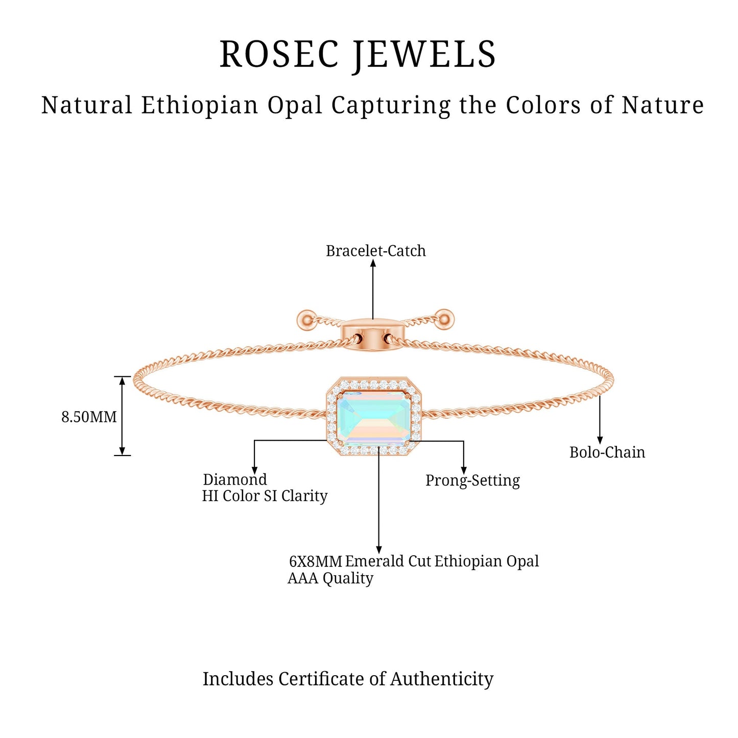2 Carat Emerald Cut Ethiopian Opal and Diamond Bolo Chain Bracelet