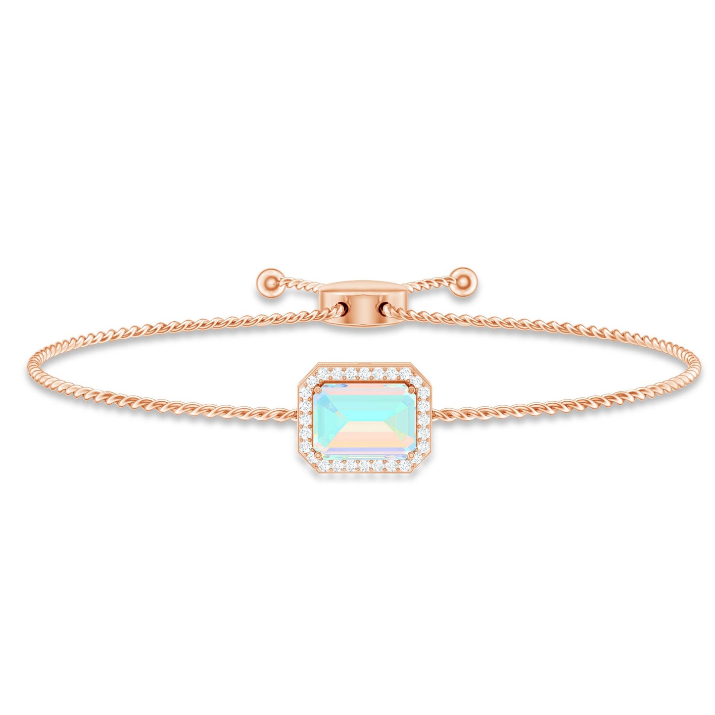 2 Carat Emerald Cut Ethiopian Opal and Diamond Bolo Chain Bracelet