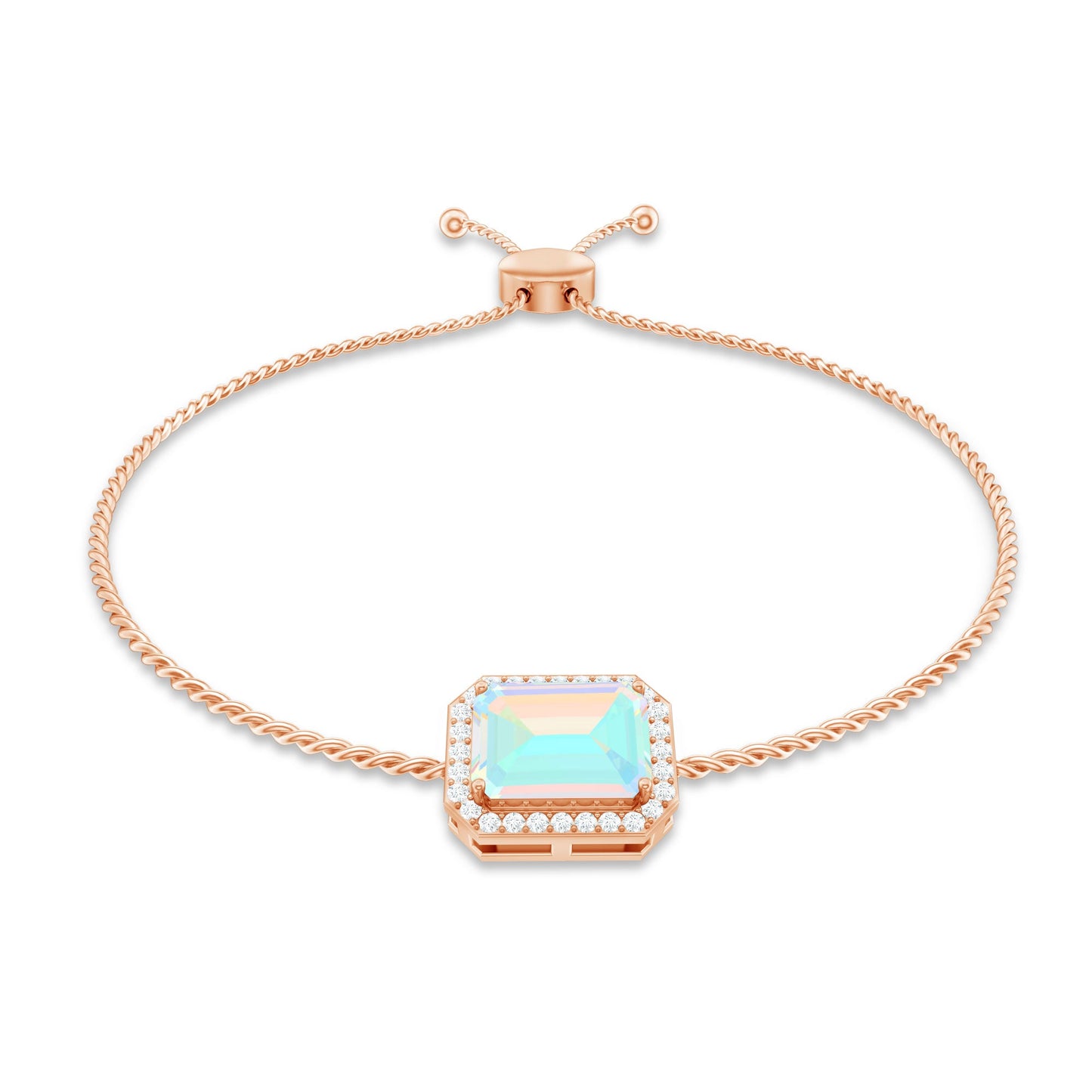 2 Carat Emerald Cut Ethiopian Opal and Diamond Bolo Chain Bracelet