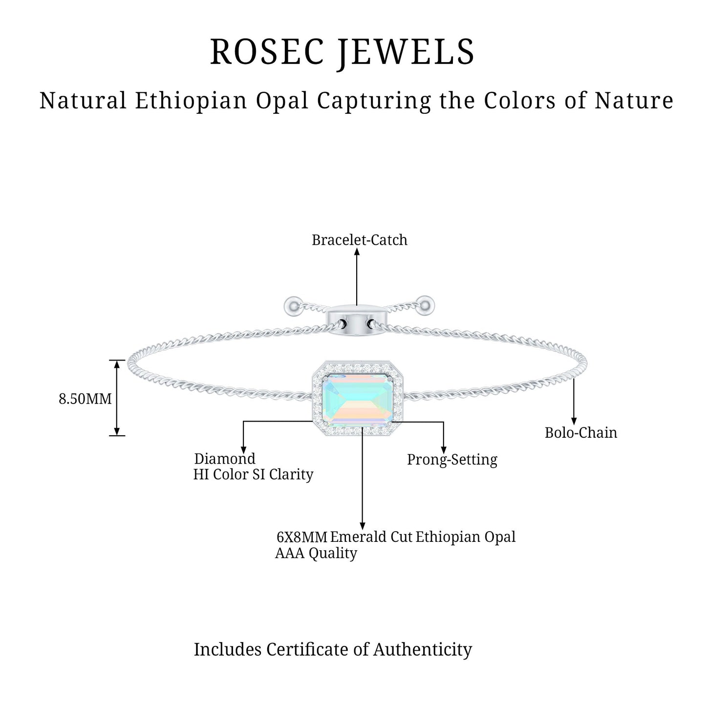 2 Carat Emerald Cut Ethiopian Opal and Diamond Bolo Chain Bracelet