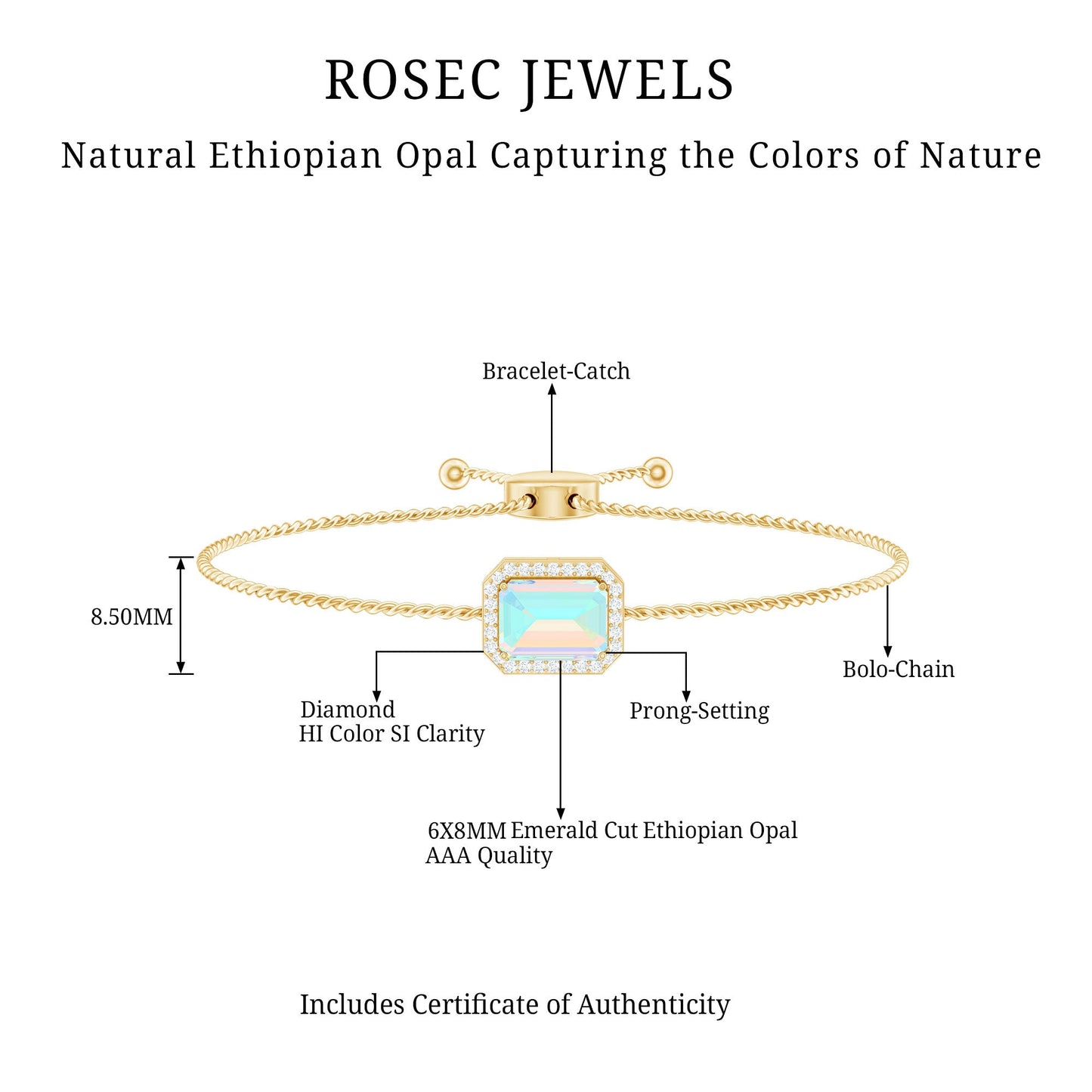2 Carat Emerald Cut Ethiopian Opal and Diamond Bolo Chain Bracelet