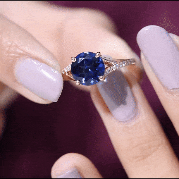 8mm Round Lab Grown Blue Sapphire Engagement Ring with Diamond Split Shank
