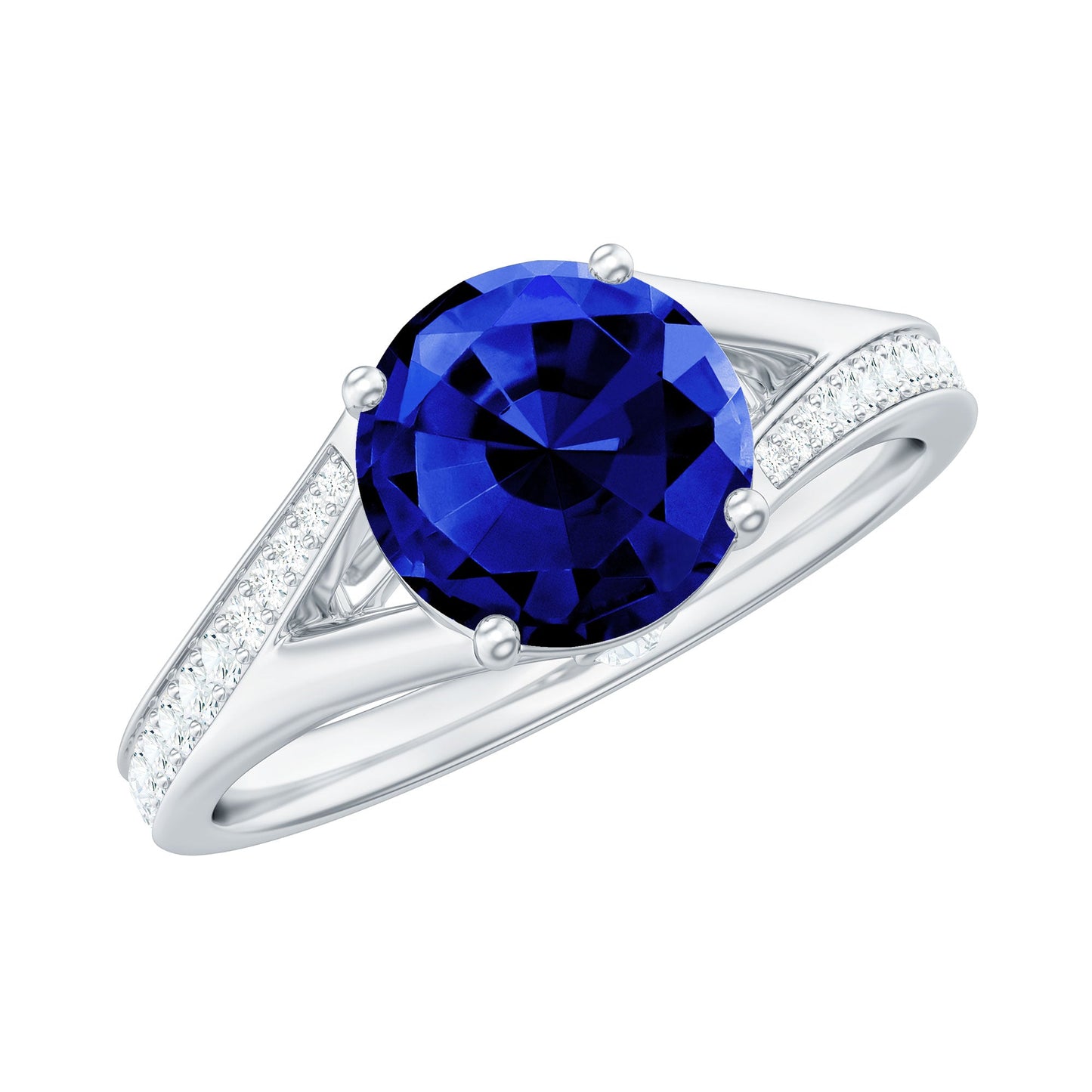 8mm Round Lab Grown Blue Sapphire Engagement Ring with Diamond Split Shank