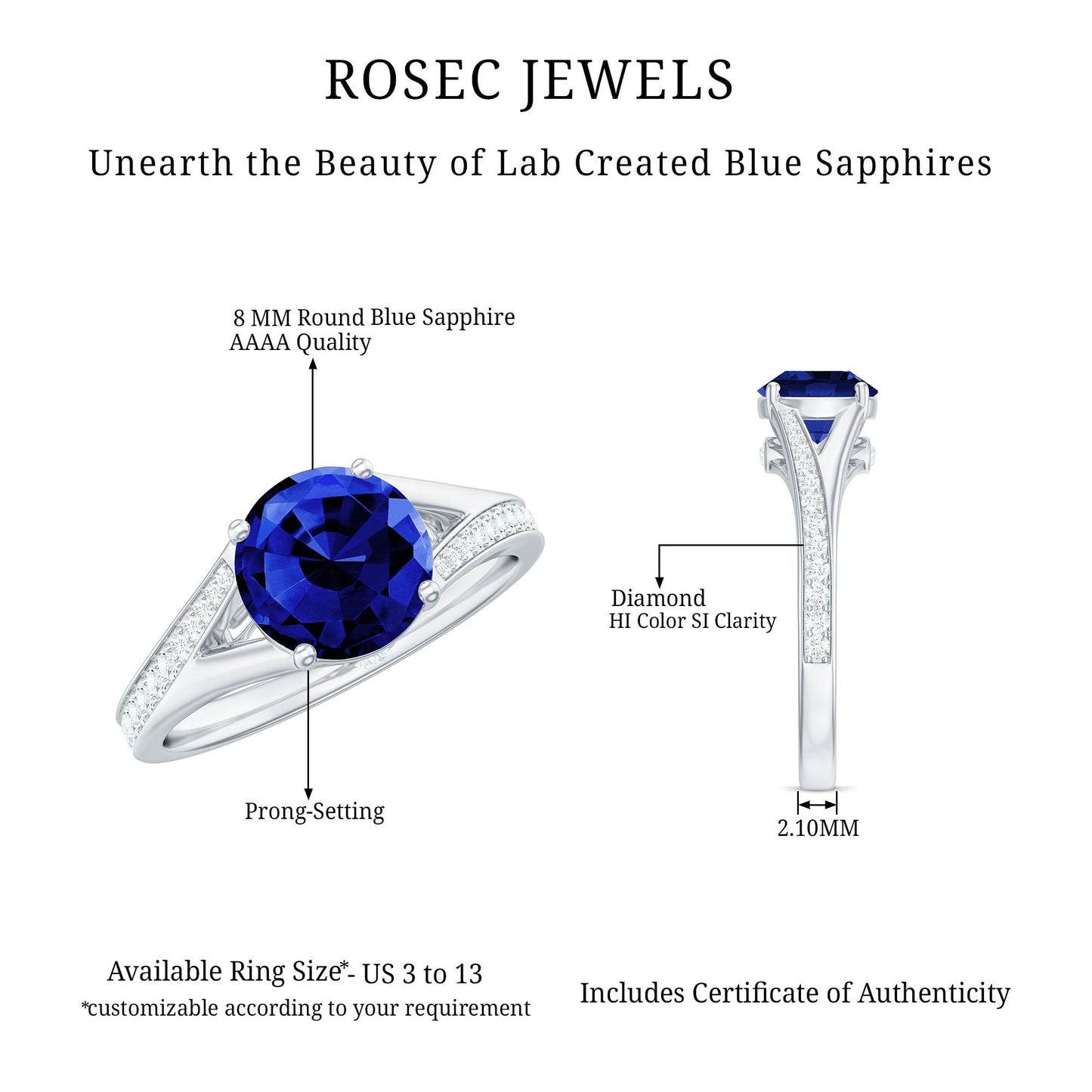 8mm Round Lab Grown Blue Sapphire Engagement Ring with Diamond Split Shank