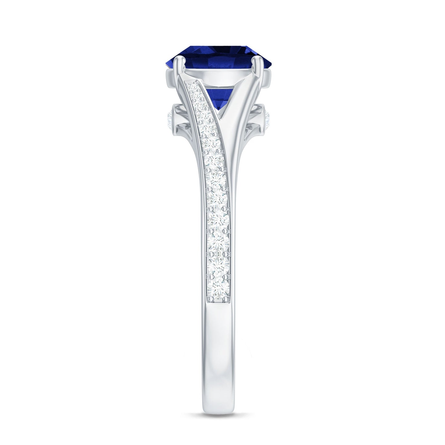 8mm Round Lab Grown Blue Sapphire Engagement Ring with Diamond Split Shank