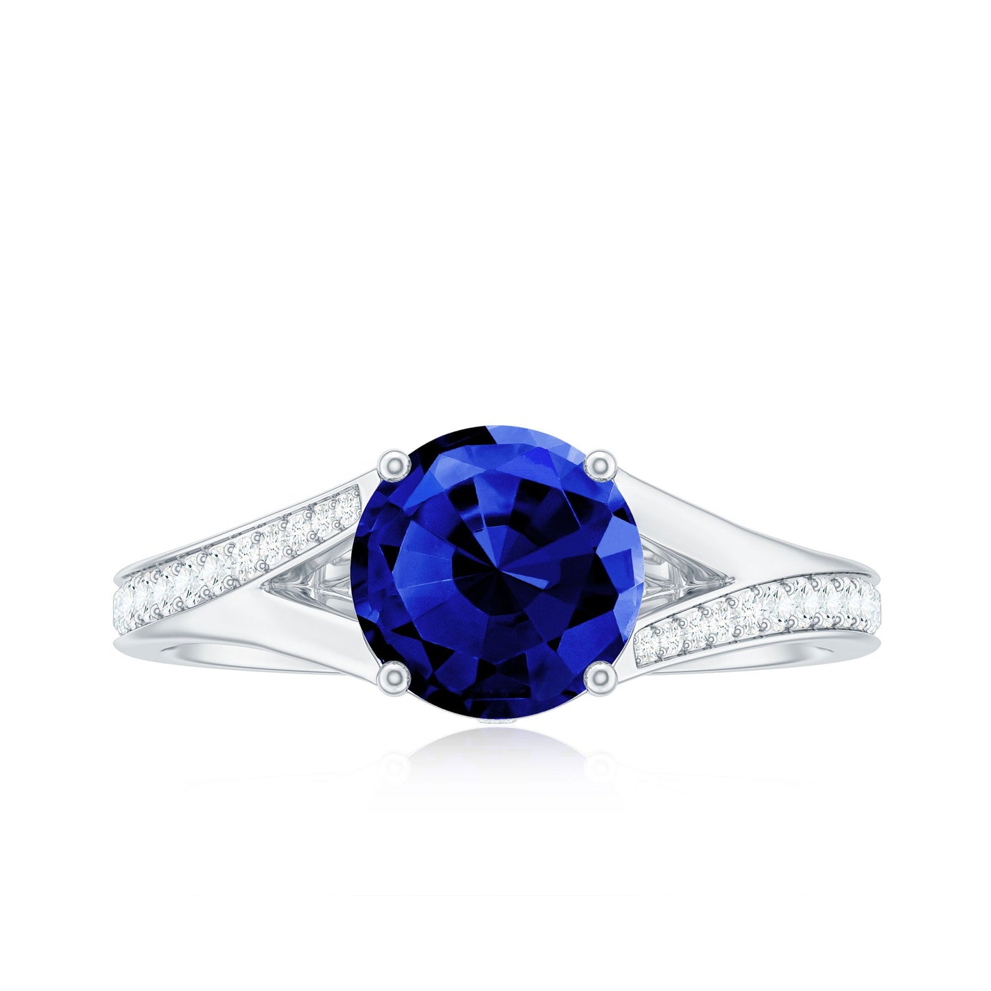 8mm Round Lab Grown Blue Sapphire Engagement Ring with Diamond Split Shank