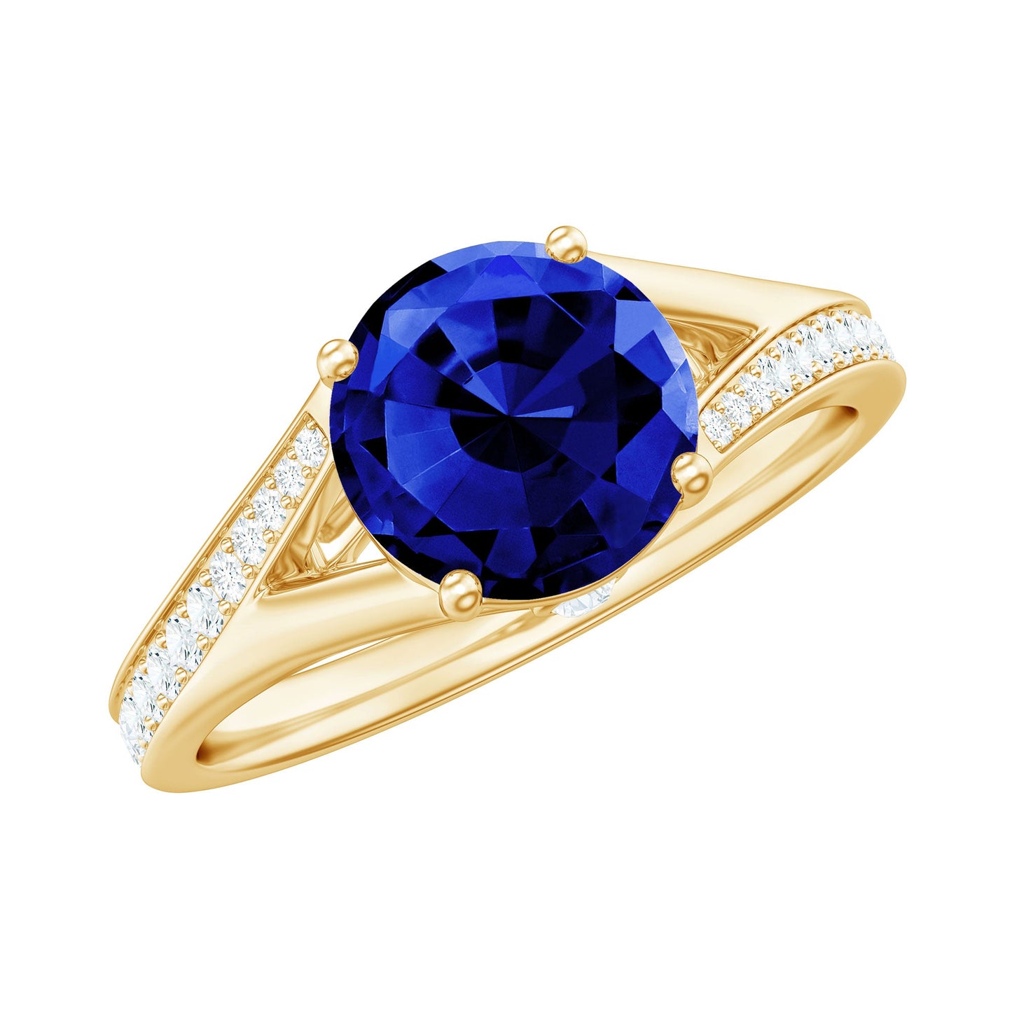 8mm Round Lab Grown Blue Sapphire Engagement Ring with Diamond Split Shank