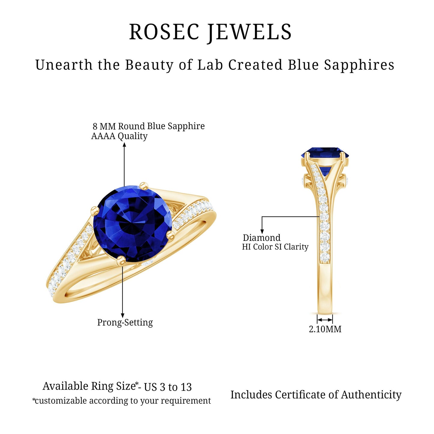 8mm Round Lab Grown Blue Sapphire Engagement Ring with Diamond Split Shank