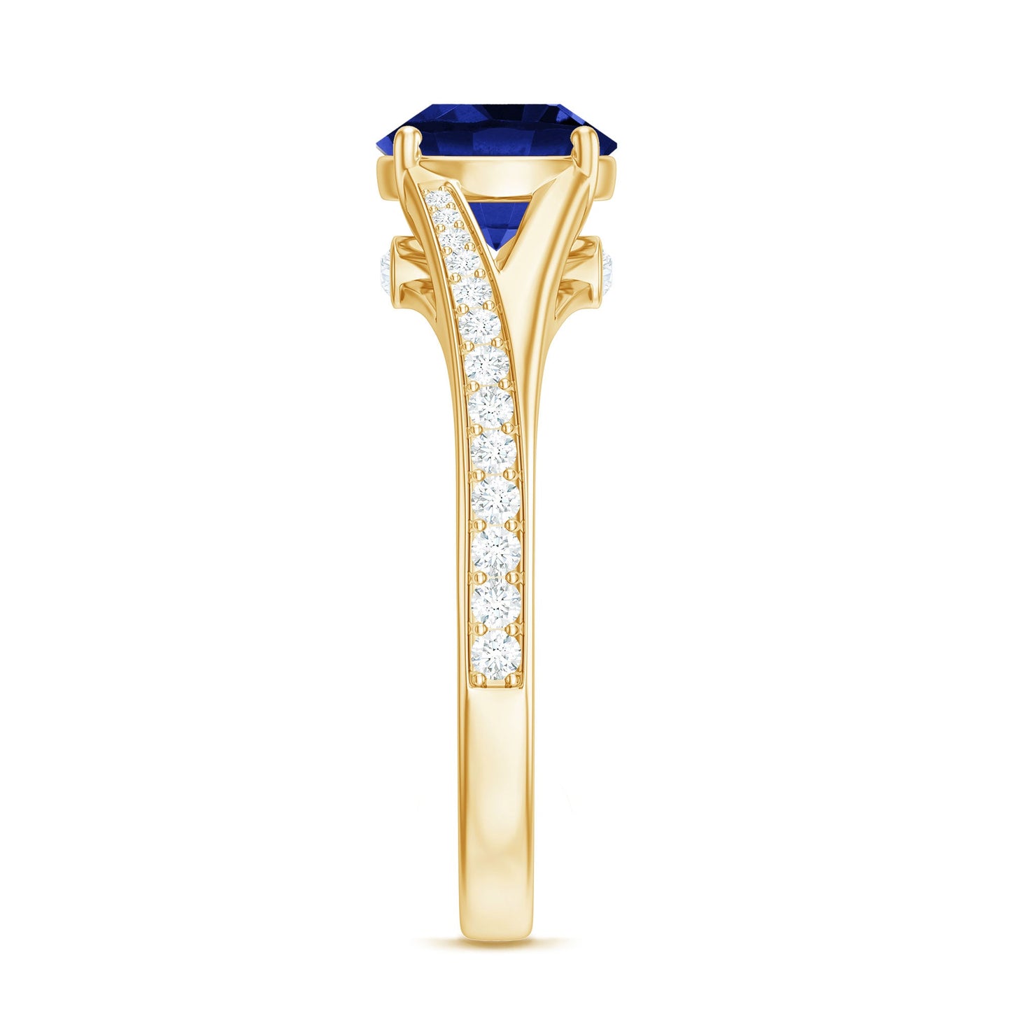 8mm Round Lab Grown Blue Sapphire Engagement Ring with Diamond Split Shank
