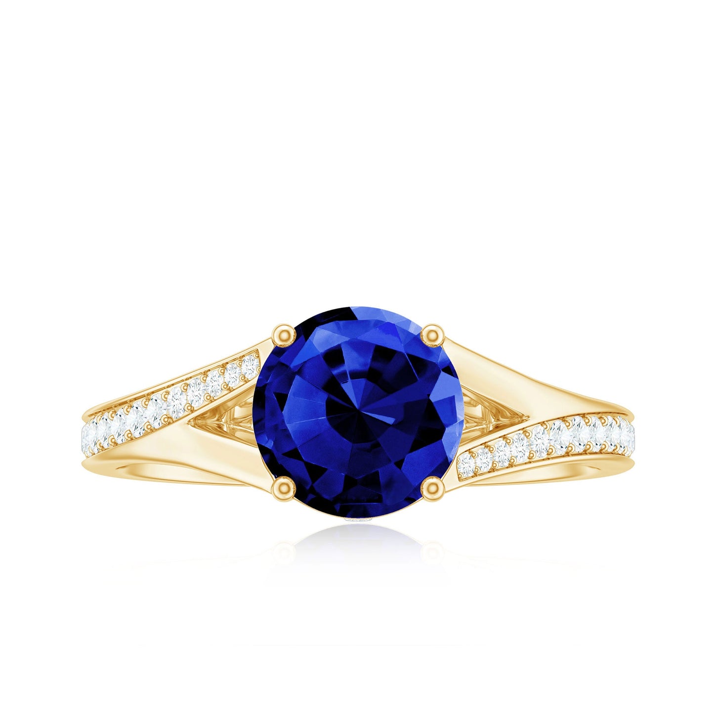 8mm Round Lab Grown Blue Sapphire Engagement Ring with Diamond Split Shank